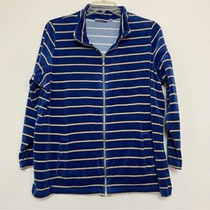 Quacker Factory 1X XL Blue Gold Striped Zip Up Long Sleeve Velour Bling Zipper